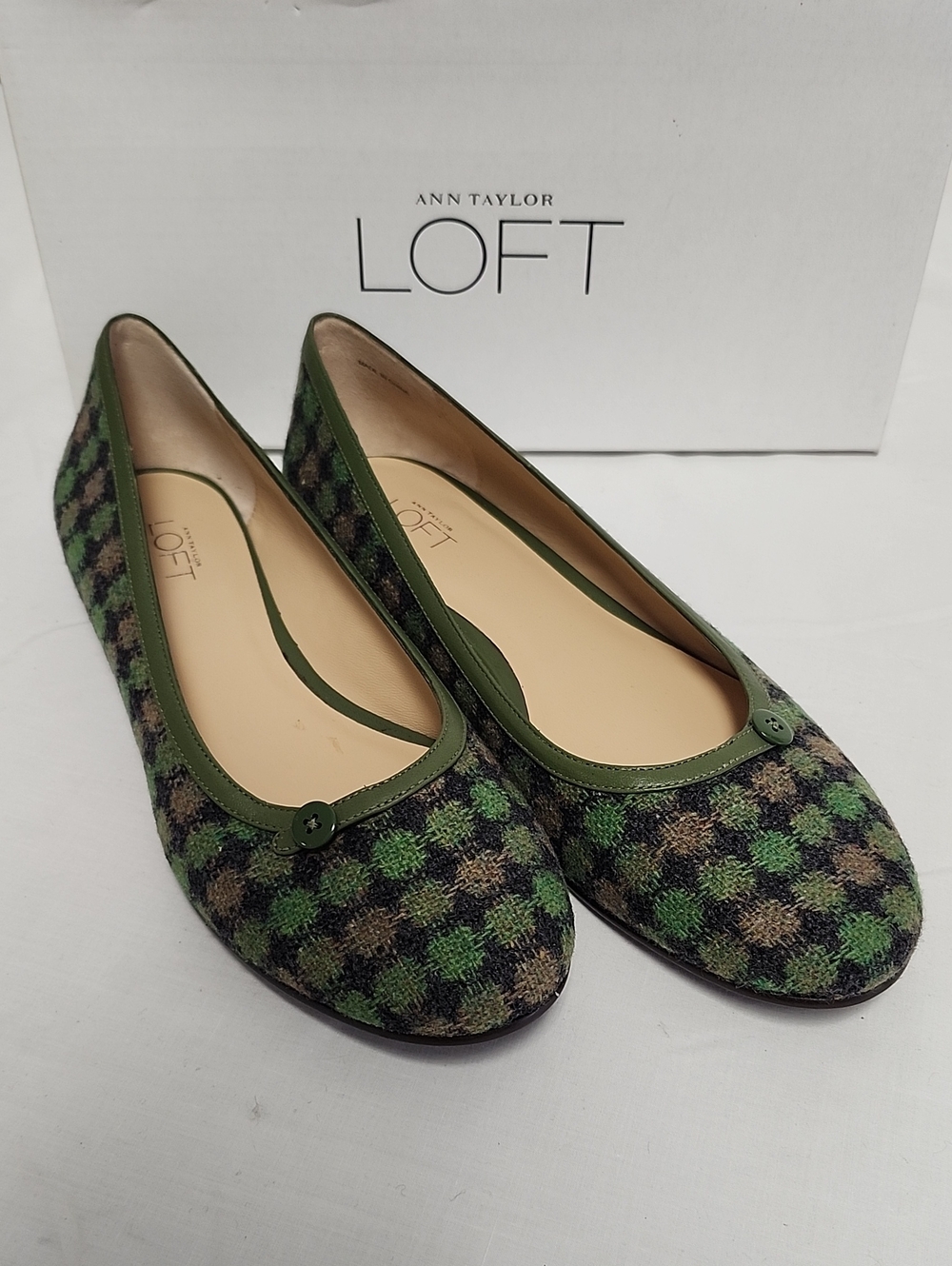 Ann Taylor LOFT Green Plaid Ballet Flats with Olive Leather Trim